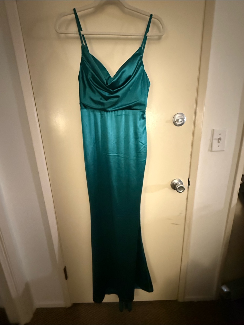 Hello Molly Teal Satin Cowl Neck Maxi Dress